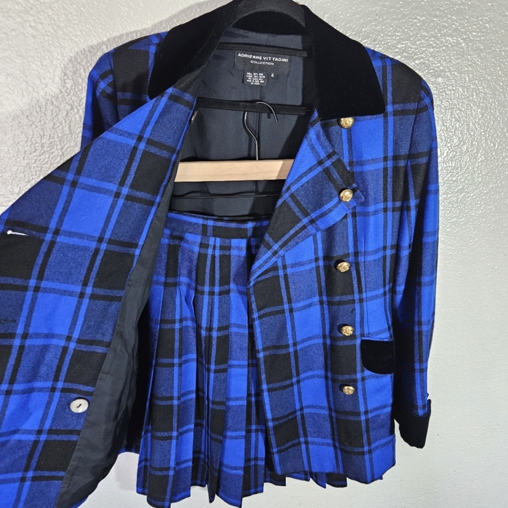 Adrienne Vittadini Plaid Wool Blazer Pleated Skirt Set Size 4